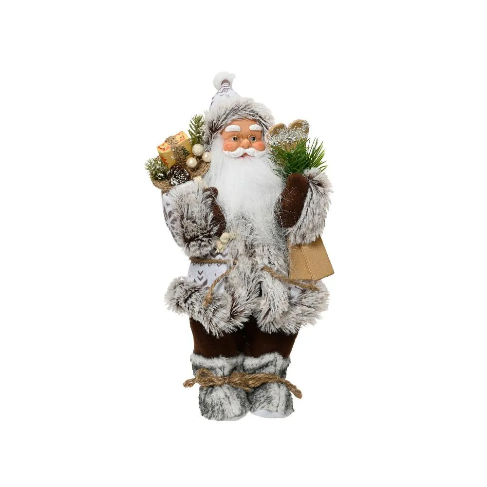 Decoris Polyester Santa with Fur Boots, Gloves, Giftbag and Green Branches 30cm - Brown