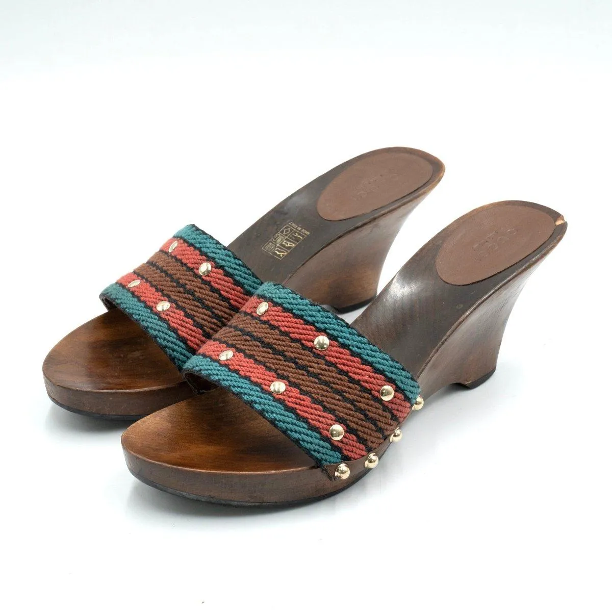 Gucci Wedge Wooden Sandals Clogs Fabric Multicolour Colour For Women