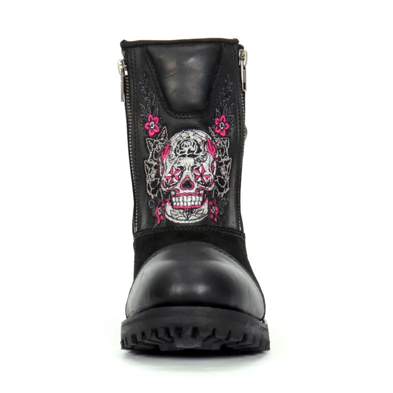 Hot Leathers BTL1009 Ladies Black Double Zip Sugar Skull Cap Toe Leather Boot