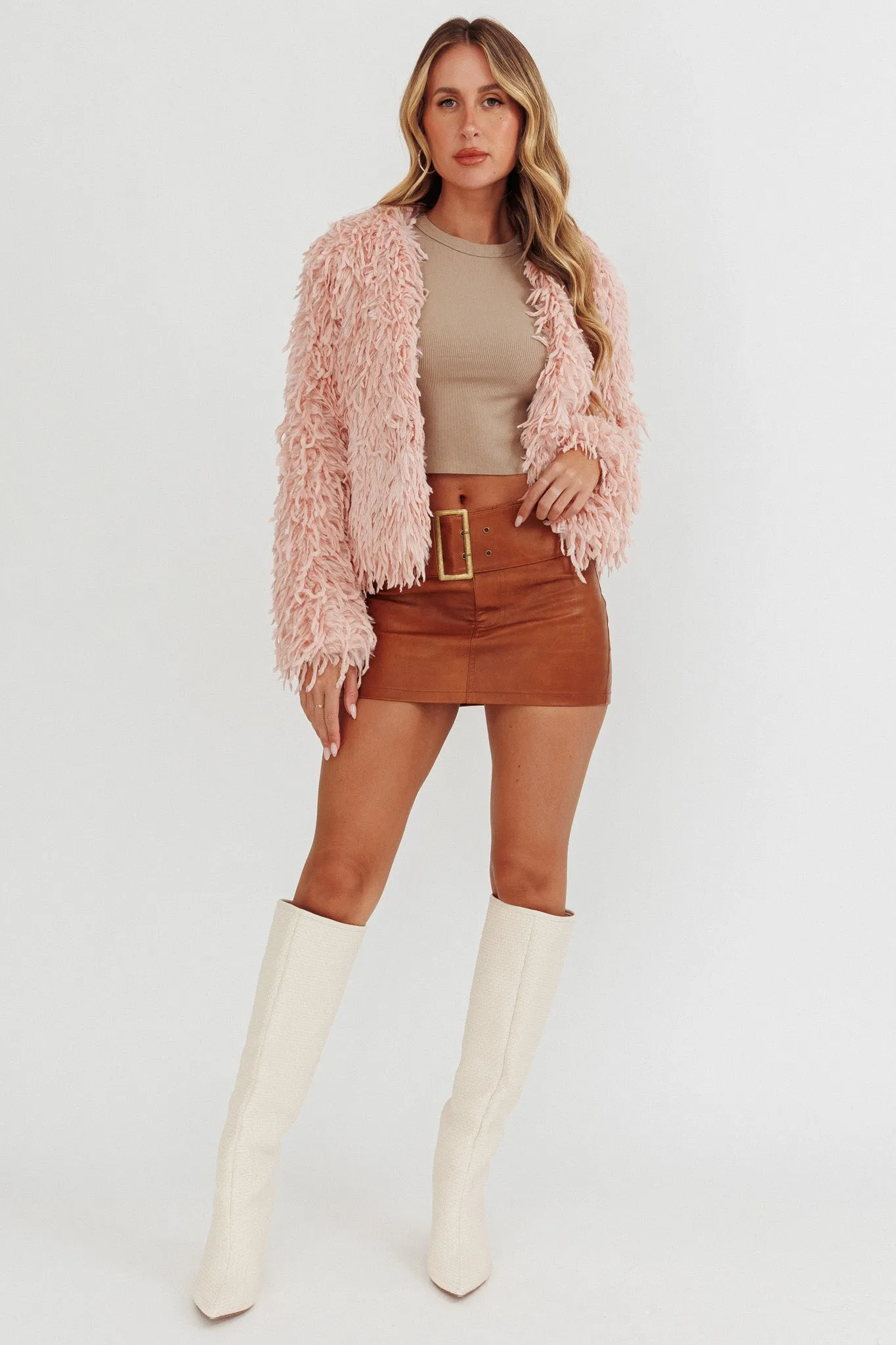 Montana Long Pile Faux Fur Jacket Blush