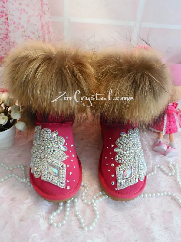 New **PROMOTION WINTER Bling and Sparkly Real Fur SheepSkin Wool BOOTS w shinning Czech or Swarovski Crystals