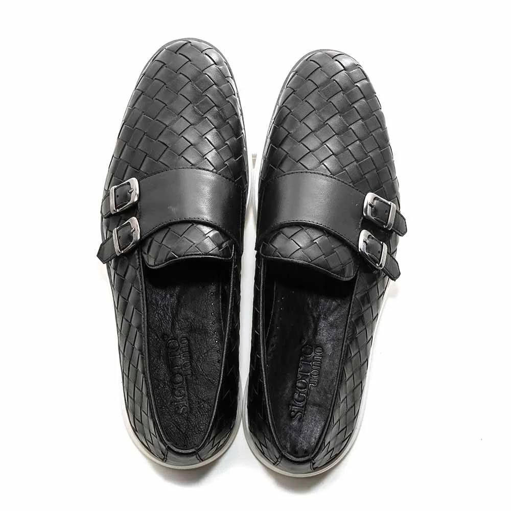 SIGOTTO UOMO Woven Double Buckle Black Soft Leather Casual Shoes