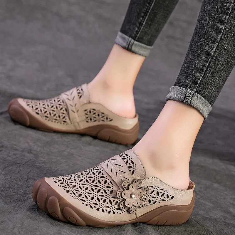 Women's Flat Retro Flowers Decorated Cut-outs Genuine Leather Sandals