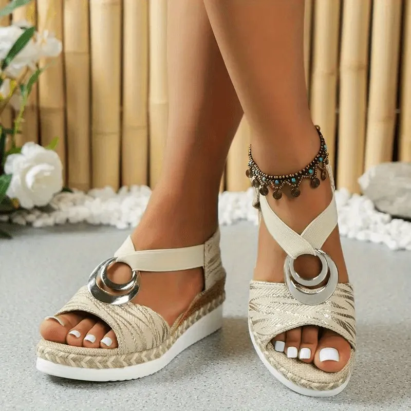 Women's Wedge Sandals with Buckle Design and Ankle Strap