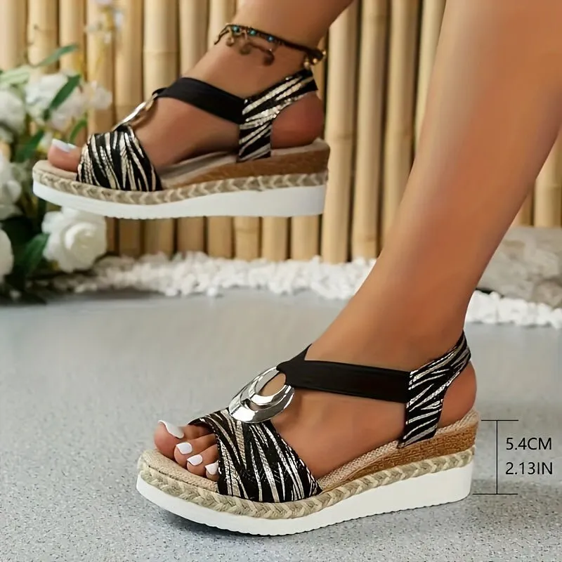 Women's Wedge Sandals with Buckle Design and Ankle Strap