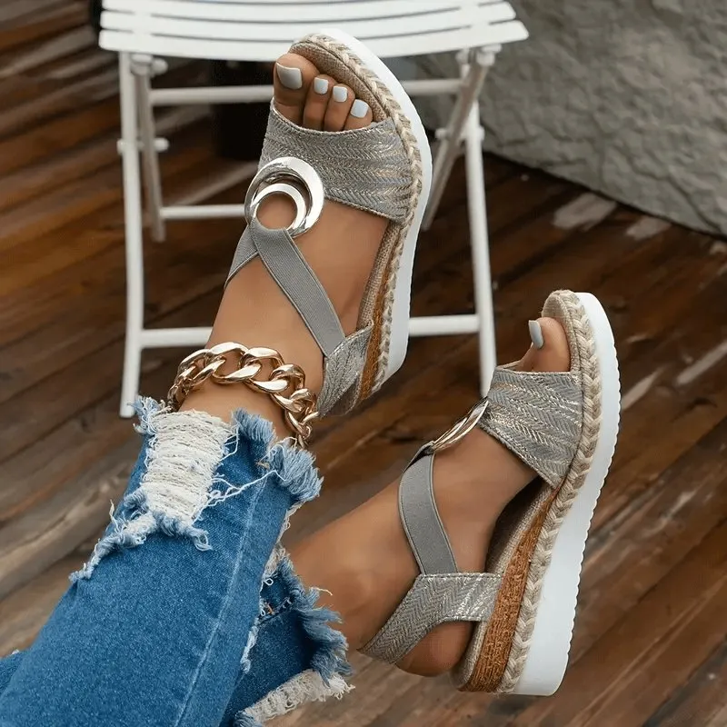 Women's Wedge Sandals with Buckle Design and Ankle Strap