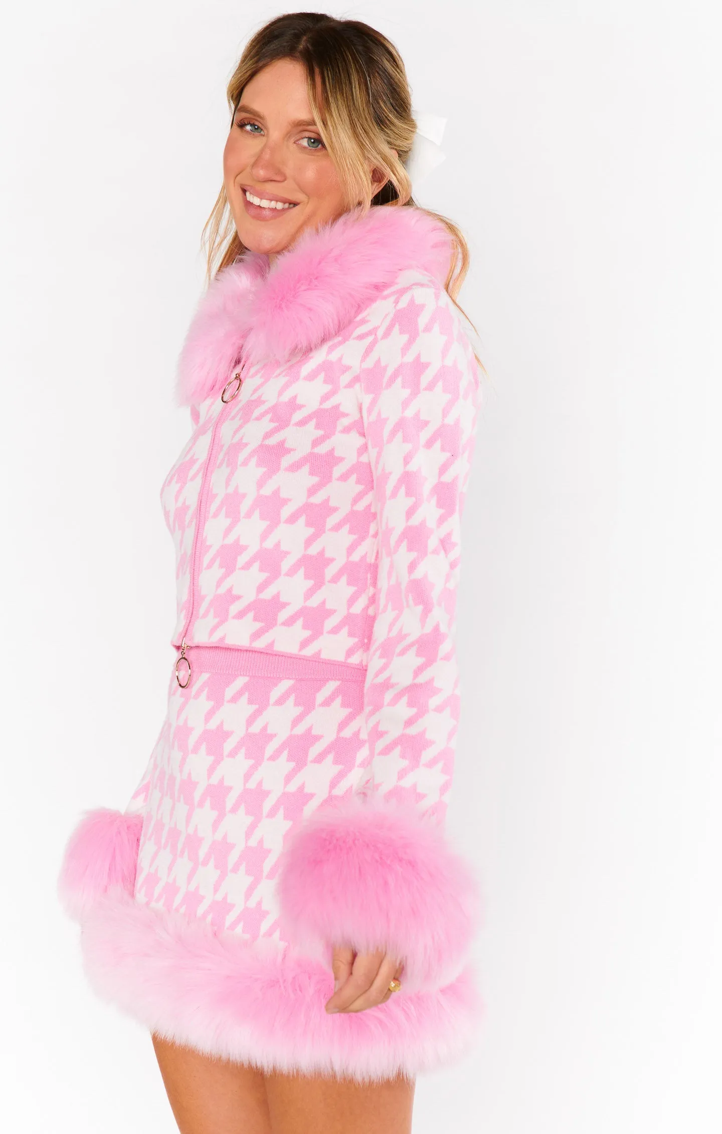 Zermatt Zip Up ~ Pink Houndstooth with Faux Fur